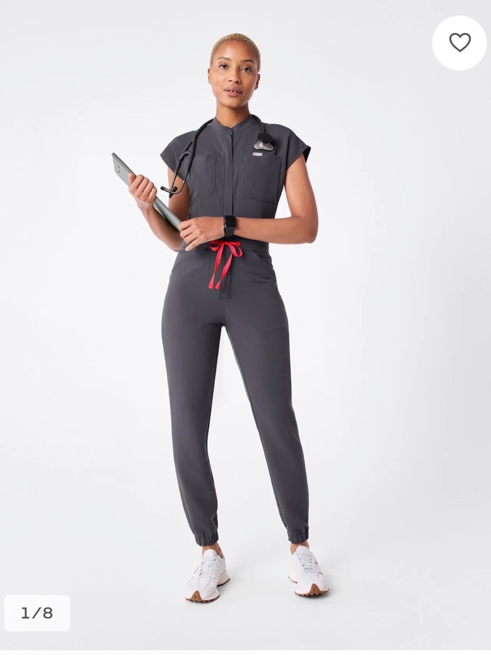 FIGS Charcoal Jumpsuit with Red Waist Tie